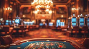 Elegant interior of a luxurious casino with gaming tables and slot machines at night photo