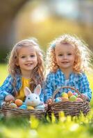 Children enjoy an Easter egg hunt in a sunny park, surrounded by colorful eggs and baskets photo