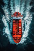 Aerial view of a cargo ship navigating through the ocean waves under bright sunlight photo