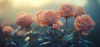 Delicate peach roses arranged with fresh green leaves in a soft focus outdoor setting photo