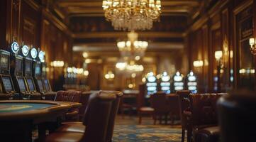 Elegant interior of a luxurious casino with gaming tables and slot machines at night photo