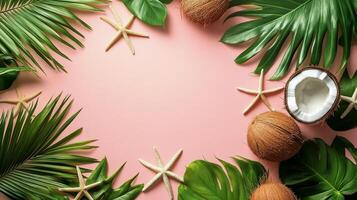 Coconuts and starfish arranged on a pink background with palm leaves for a tropical vibe photo