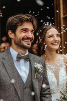 Celebrating a joyful wedding couple surrounded by friends with confetti in a charming venue photo