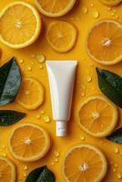 Fresh citrus elements with cream tube on vibrant yellow backdrop creating a lively arrangement photo