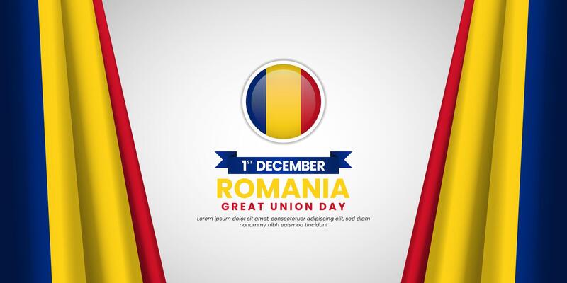 Romania great union day greeting card, banner background template with national waving flag