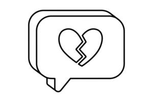 Hand drawn cute outline illustration speech bubble with broken heart. Flat disagree message line art doodle. Negative reaction. Social media icon. Dating app. Dislike from follower. Isolated. vector