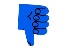 Hand drawn cute cartoon illustration hand with dislike gesture. Flat thumbs down arm sign doodle. Negative reaction. Social media addiction icon. Disagree message from follower. Isolated. vector