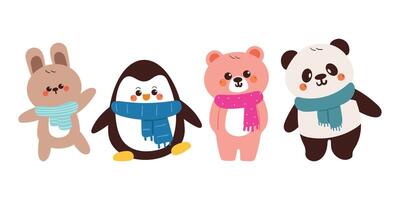 hand drawing cartoon winter animal sticker set. cute animal with scarf and sweater drawing, doodle set vector