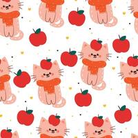 seamless pattern cartoon cat with apple and autumn vibes. cute animal wallpaper for fabric print, gift wrap paper vector