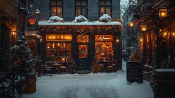 Charming winter street adorned with festive lights and decorations in a cozy town photo