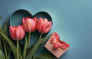 Pink tulips arranged beside a heart shaped box on a light blue background photo