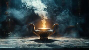 A mystical lamp emitting smoke in a dimly lit ancient setting at night photo