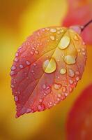 Close up of a vibrant red leaf with droplets in autumn light against a soft background photo