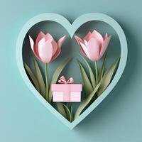 A heart shaped display holds pink flowers and a gift on a soft blue background photo