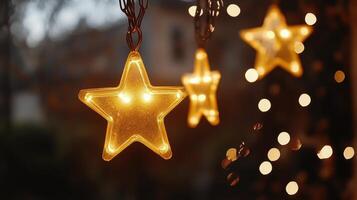 Glowing star decorations illuminate a charming evening garden setting with twinkling lights photo