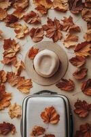 A travel suitcase and straw hat surrounded by colorful autumn leaves on a flat surface photo