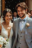 Celebrating a joyful wedding couple surrounded by friends with confetti in a charming venue photo