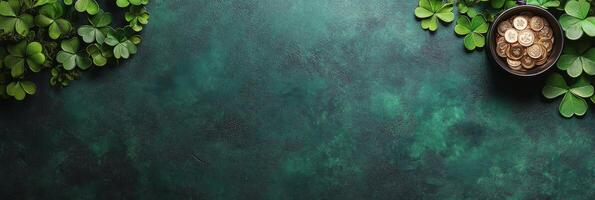 Decorative setup of gold coins and clovers on textured green background for festive occasions photo