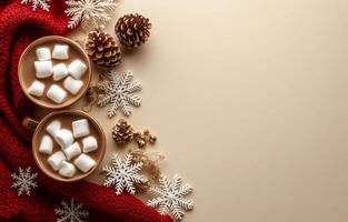 Warm cozy drink with marshmallows and holiday decorations on a beige background photo