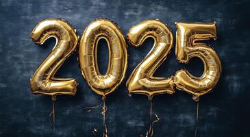 Golden balloons shaped as the year 2025 decorate a celebration backdrop for a New Years event photo