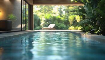 Tranquil indoor swimming pool surrounded by lush greenery and natural light in a modern setting photo