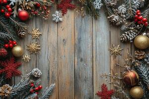Festive decorations on rustic wooden background with Christmas ornaments and greenery photo