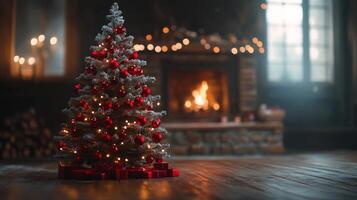 Cozy Christmas setting with a decorated tree and crackling fireplace in a warm living room photo