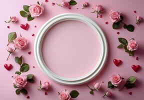 Delicate arrangement of pink roses and decorative hearts on a soft pink background photo