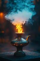 Enchanted brass lamp emitting flames and smoke in a mystical setting during twilight photo