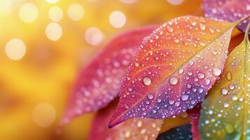 Vibrant autumn leaves glisten with raindrops under soft natural light in a serene garden setting photo
