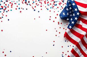 American flag with red white and blue confetti on a white background during a celebration event photo