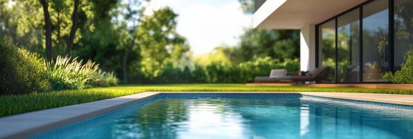 A serene sunset view over a tranquil swimming pool in a beautiful garden photo