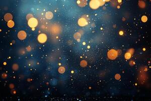 Soft golden lights illuminate a winter evening with festive bokeh effects in the background photo