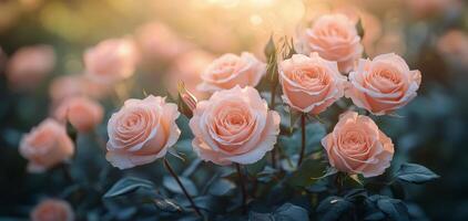 Delicate peach roses arranged with fresh green leaves in a soft focus outdoor setting photo
