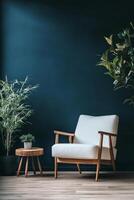 Stylish white armchair and wooden table with plants against a dark wall in a modern living space photo