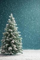A beautifully decorated Christmas tree with fresh snowflakes and a serene winter backdrop photo