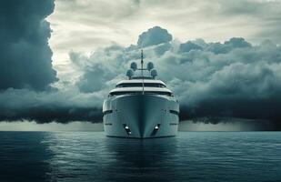 A luxurious yacht sailing in dark waters under a dramatic stormy sky at twilight photo