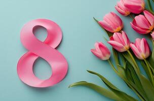 Pink tulips arranged next to a large number eight on a pastel blue background photo