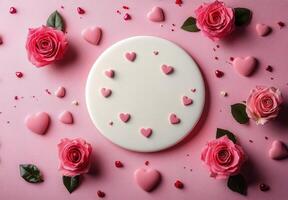 Decorative arrangement of pink roses and heart shapes surrounding a blank cake on a pink surface photo