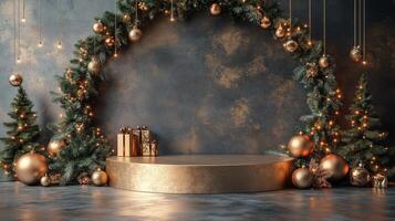 Elegant festive decor with a golden stage and Christmas trees adorned with ornaments photo