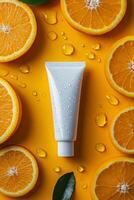 Fresh citrus elements with cream tube on vibrant yellow backdrop creating a lively arrangement photo