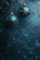 Festive blue and silver ornaments hang amid swirling snowflakes in a winter themed display photo