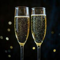 Bubbly champagne glasses celebrate a festive occasion with sparkling bubbles and soft lights photo
