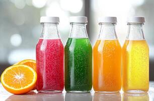 Colorful bottles of fizzy drinks with fresh orange slices on a table indoors photo