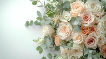 Elegant bridal bouquet featuring pale pink and white roses with green foliage in soft light photo