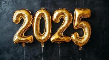 Golden balloons shaped as the year 2025 decorate a celebration backdrop for a New Years event photo
