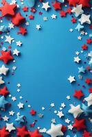 Colorful stars and shiny confetti scattered on a vibrant blue background for festive celebrations photo