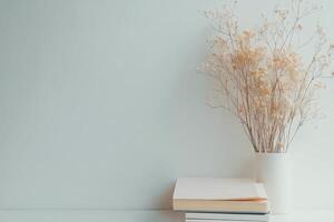 A stack of colorful notebooks and a blank notepad arranged neatly on a wooden table photo