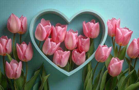 rosado tulipanes arreglado junto a un corazón conformado caja en un ligero azul antecedentes foto