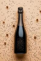 Elegant black champagne bottle surrounded by festive golden confetti on a light background photo